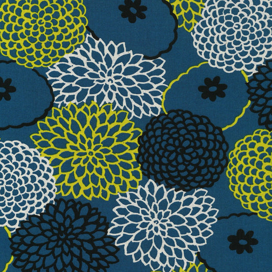 Chrysanthemum Bright Flowers Blue Yellow Fabric